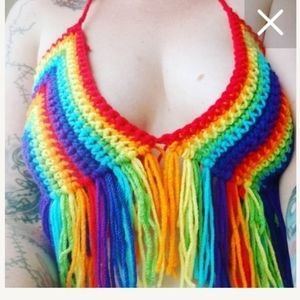Rainbow Fringe Triangle Crochet Bralette Top
